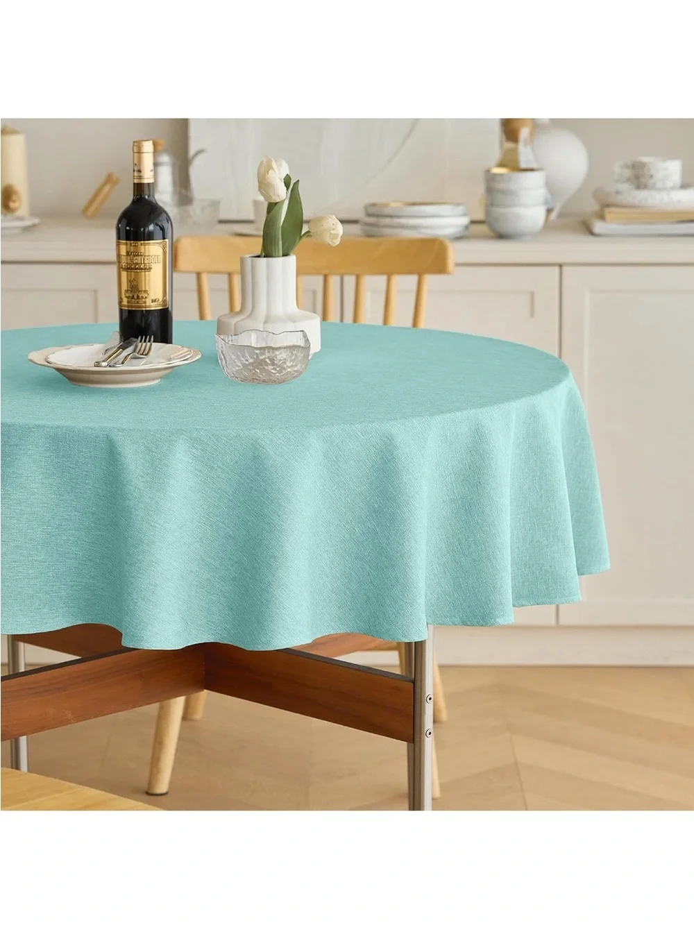 NEW Decorelia Waterproof Round Linen Texture Tablecloth 60”, Decorative Farm